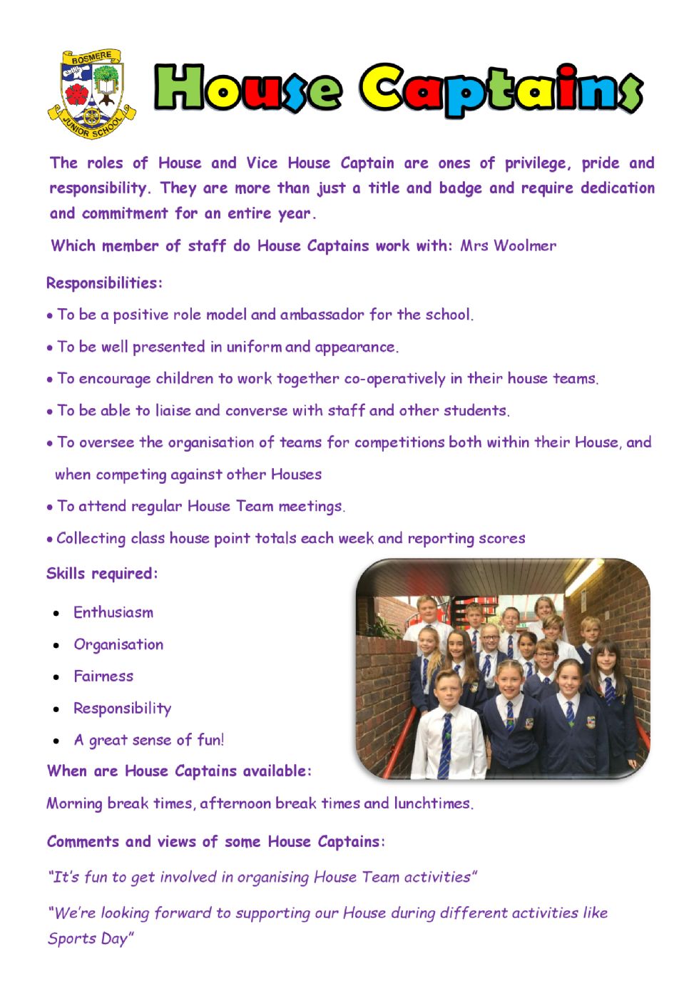 Bosmere Junior School House Captains